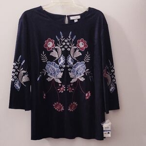 Charter Club Navy Top with Floral Embroidery